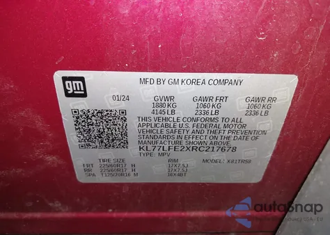 2024 Chevrolet Trax Fwd Sp z USA, uszkodzony, nr VIN KL77LFE2XRC217678